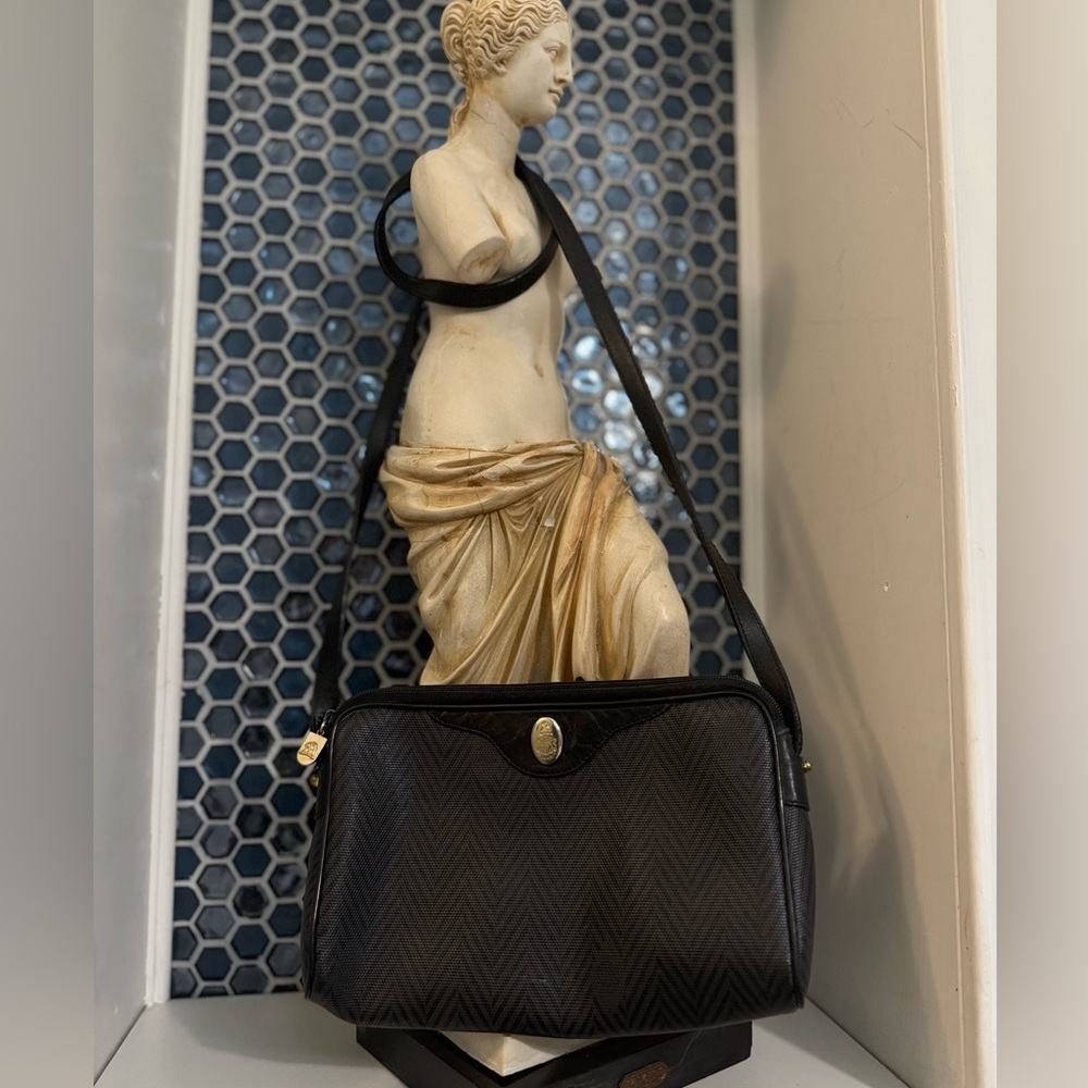 Vintage Mark Cross Crossbody Bag – Black Monogram Canvas & Leather Trim.